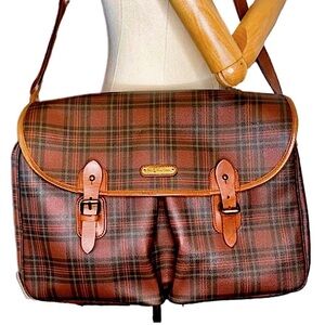 RALPH LAUREN Brown Green Tartan Plaid Crossbody Messenger Computer Work Bag VTG